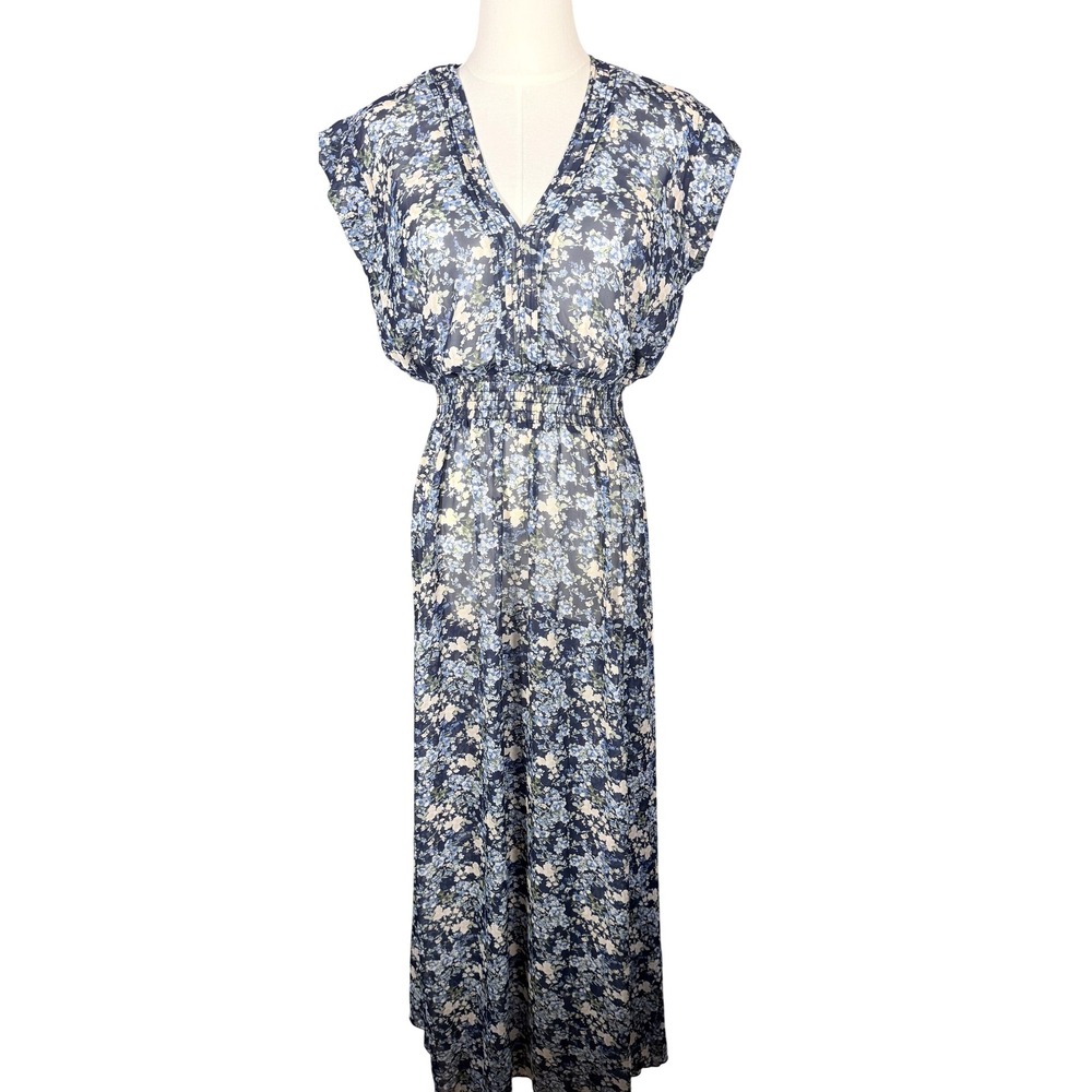 Kate & Lily Floral Maxi Dress Sz 6 Smocked Waist Blue Chiffon Sheer Short Sleeve